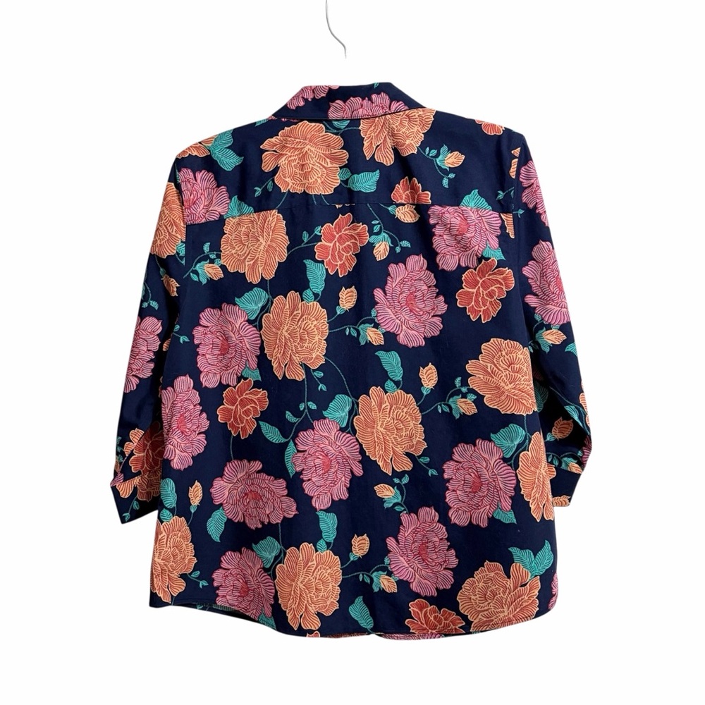 Chico's No Iron Floral Crisp Cotton Button Up Shirt L Petite Blue Bold Colorful - Picture 4 of 7